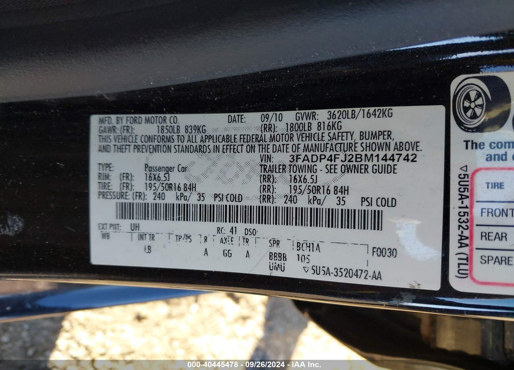 2011 FORD FIESTA VIN: 3FADP4FJ2BM144742