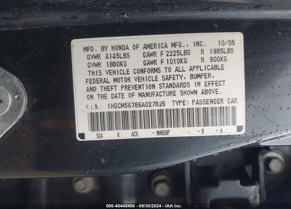 2006 HONDA ACCORD 2.4 EX VIN: 1HGCM56786A027826