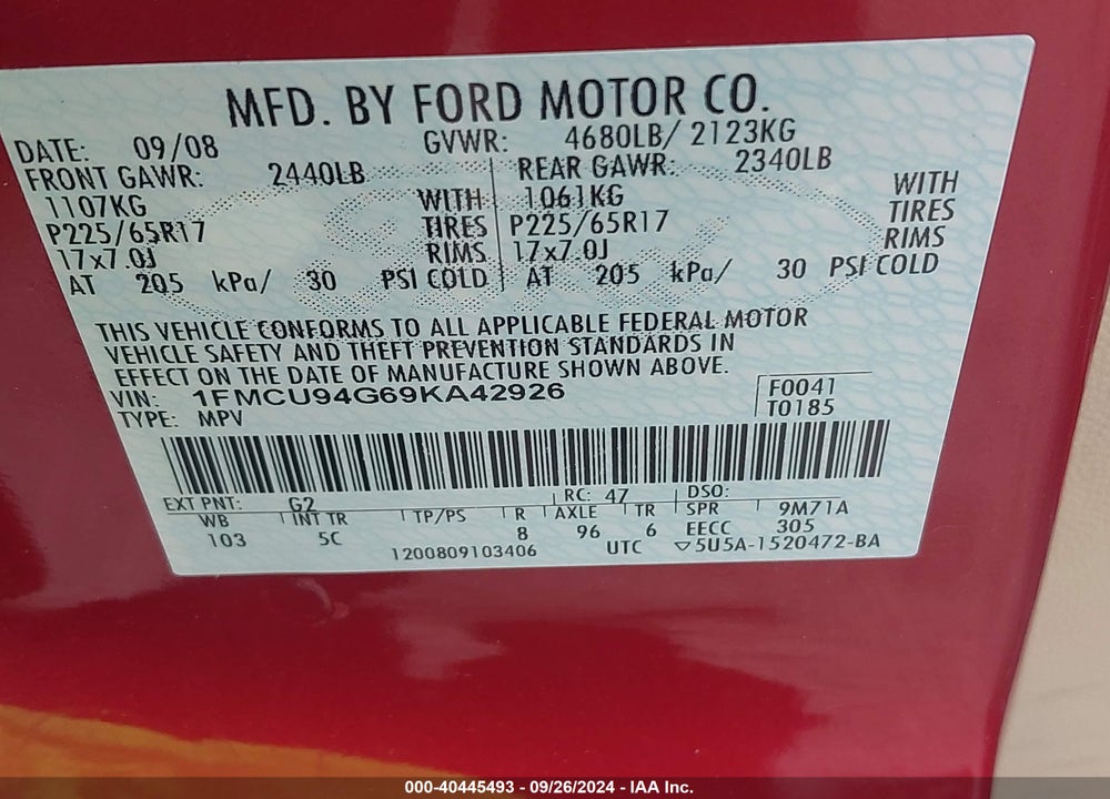 2009 FORD ESCAPE LIMITED VIN: 1FMCU94G69KA42926