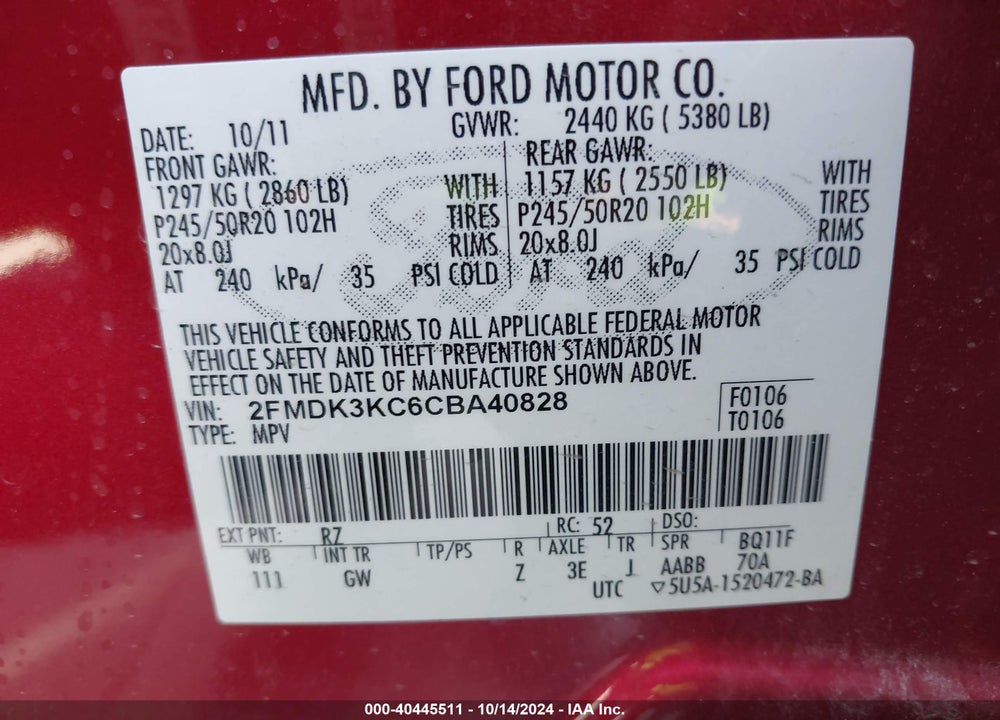 2012 FORD EDGE LIMITED VIN: 2FMDK3KC6CBA40828