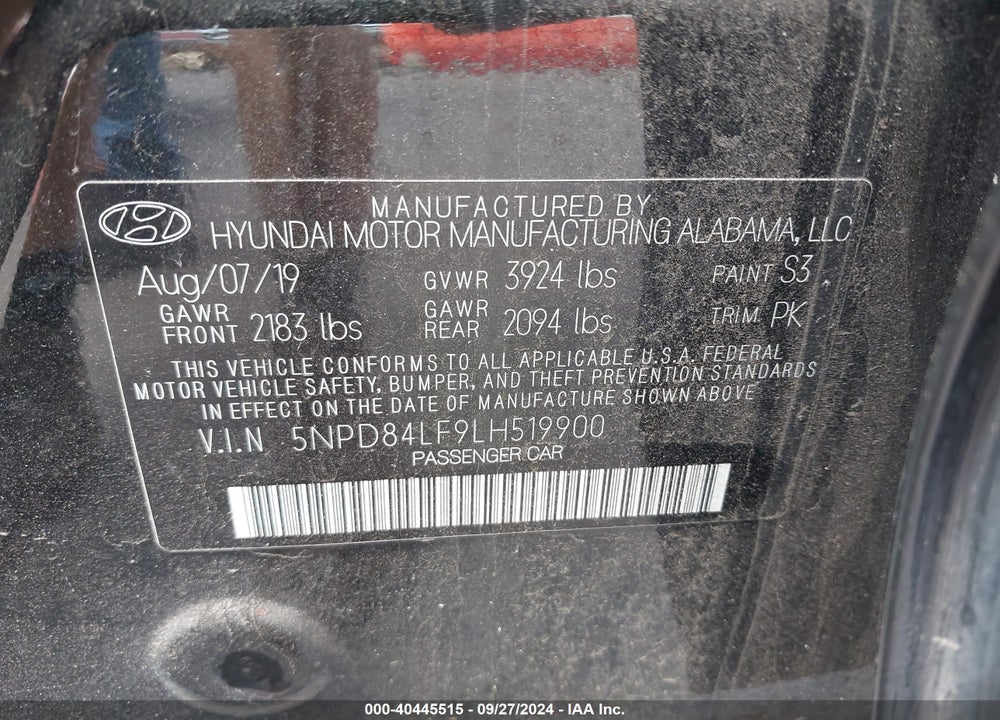 2020 HYUNDAI ELANTRA SEL VIN: 5NPD84LF9LH519900