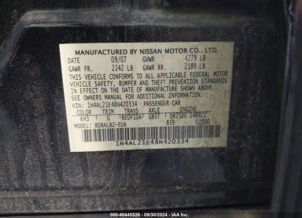2008 NISSAN ALTIMA 2.5 S VIN: 1N4AL21E48N420334