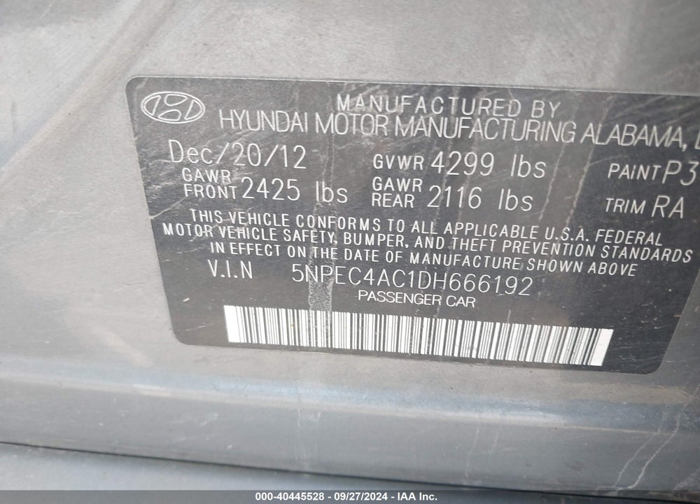 2013 HYUNDAI SONATA LIMITED VIN: 5NPEC4AC1DH666192