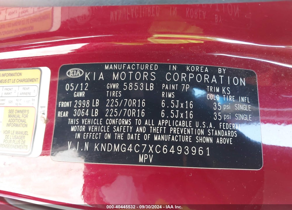 2012 KIA SEDONA VIN: KNDMG4C7XC6493961