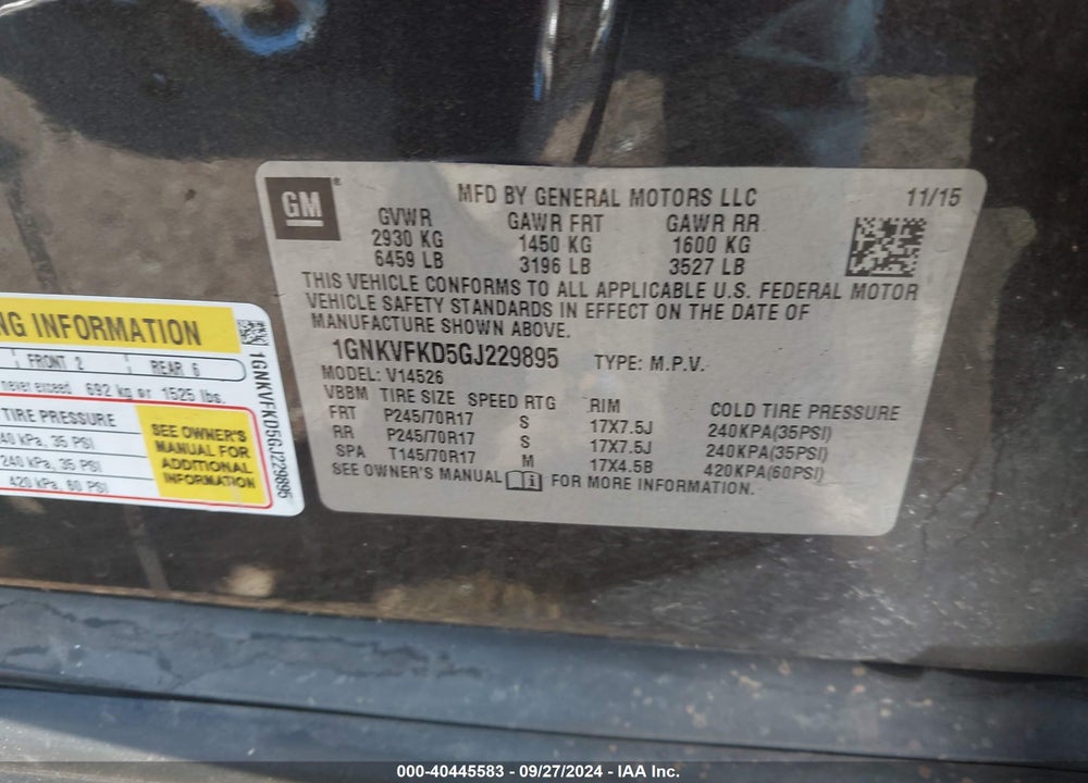 2016 CHEVROLET TRAVERSE LS VIN: 1GNKVFKD5GJ229895