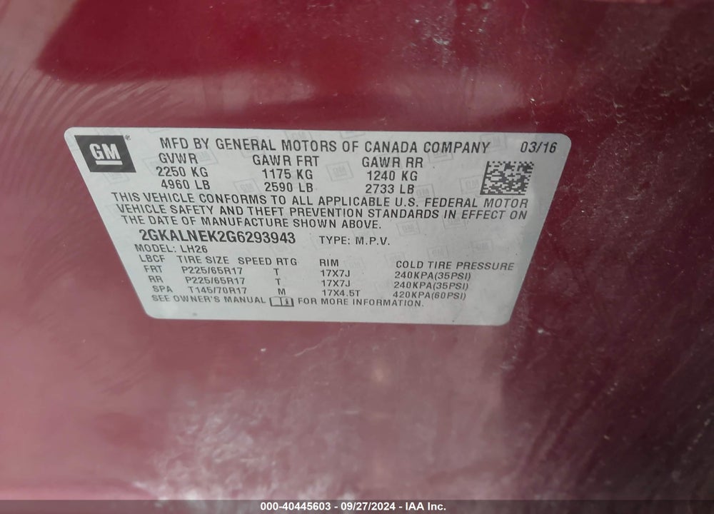 2016 GMC TERRAIN SLE-2 VIN: 2GKALNEK2G6293943