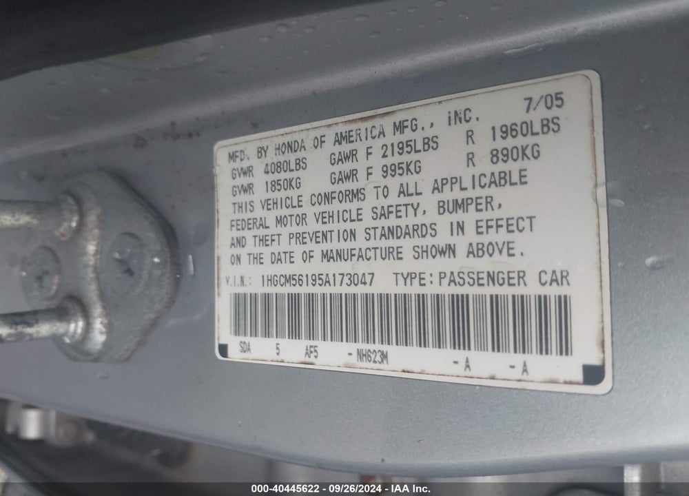2005 HONDA ACCORD 2.4 DX VIN: 1HGCM56195A173047