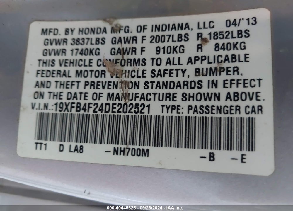 2013 HONDA CIVIC HYBRID VIN: 19XFB4F24DE202521
