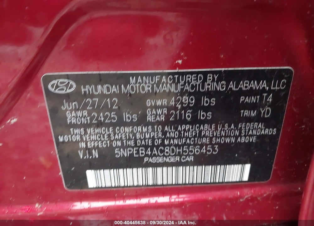 2013 HYUNDAI SONATA VIN: 5NPEB4AC8DH556453