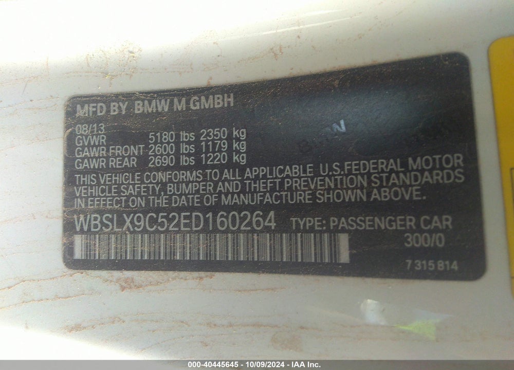 2014 BMW M6 VIN: WBSLX9C52ED160264