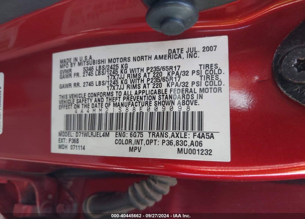2008 MITSUBISHI ENDEAVOR VIN: 4A4MM21S88E009098