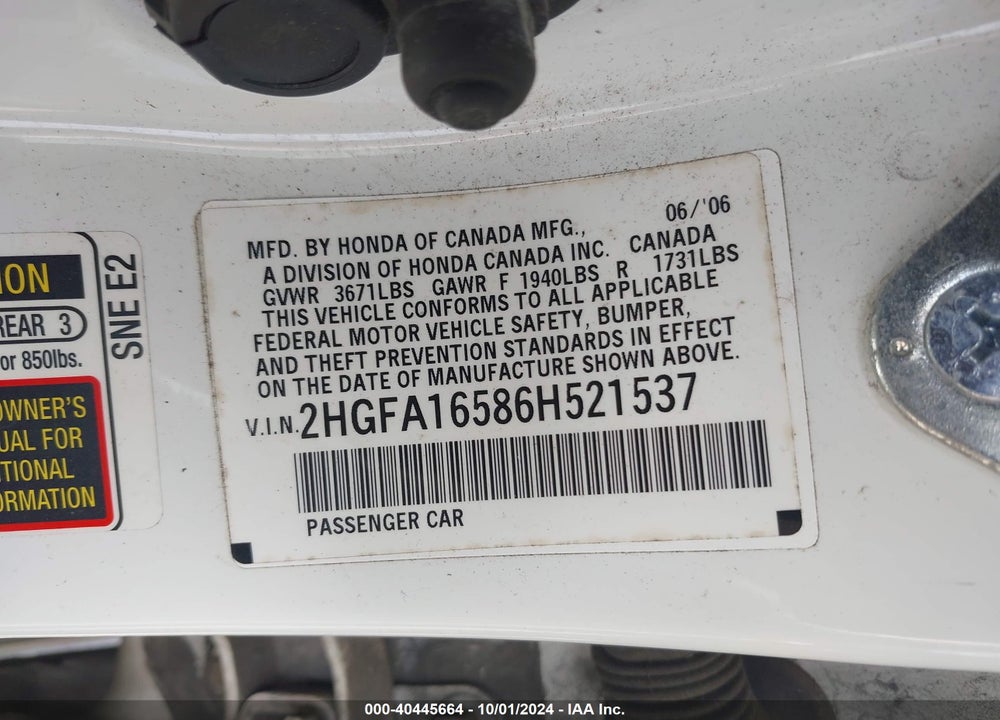 2006 HONDA CIVIC LX VIN: 2HGFA16586H521537