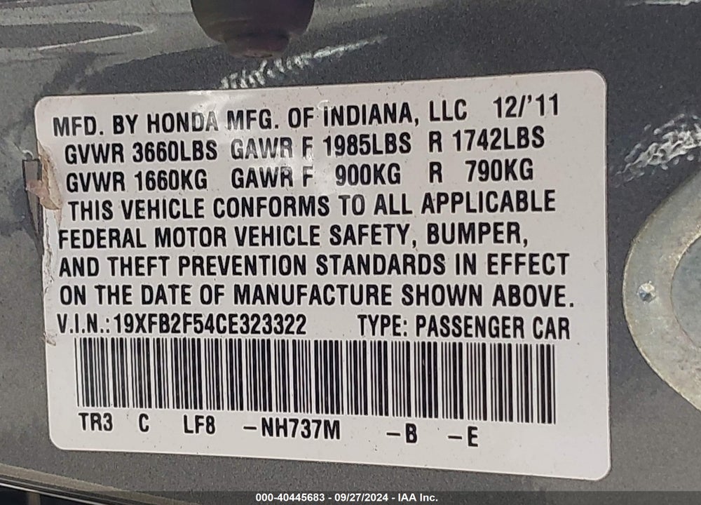 2012 HONDA CIVIC LX VIN: 19XFB2F54CE323322