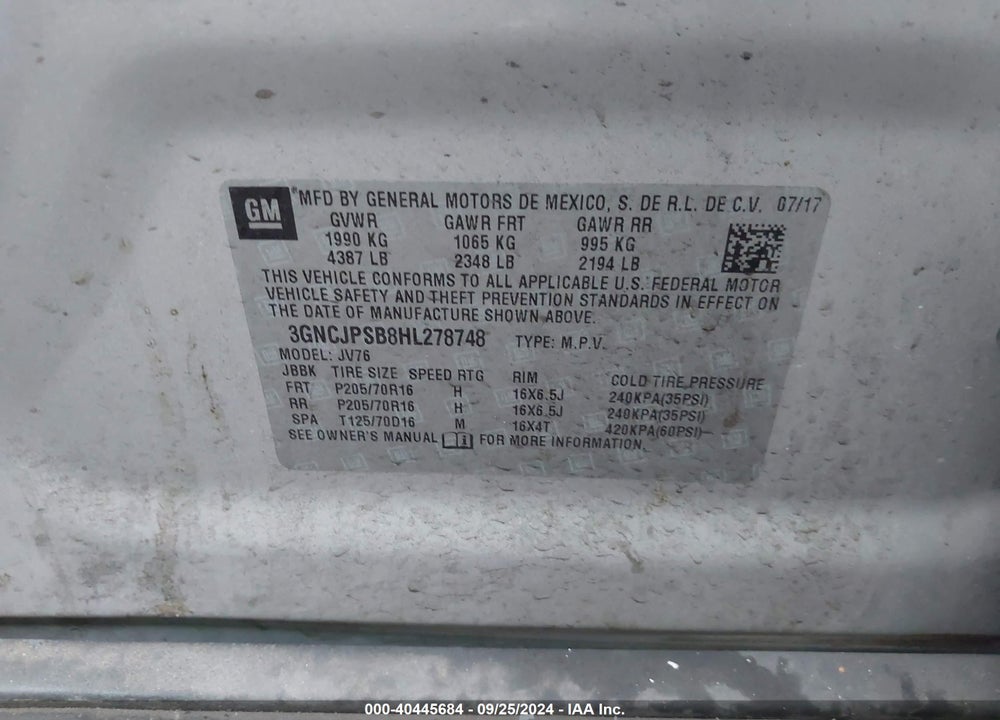 2017 CHEVROLET TRAX LT VIN: 3GNCJPSB8HL278748