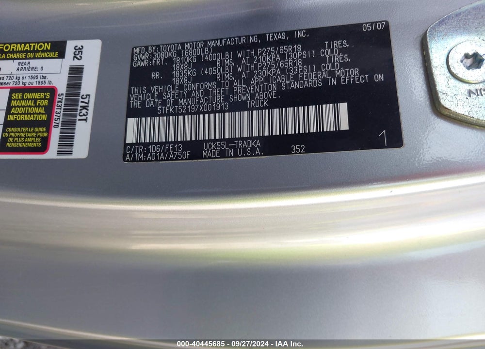 2007 TOYOTA TUNDRA BASE 4.7L V8 VIN: 5TFKT52197X001913