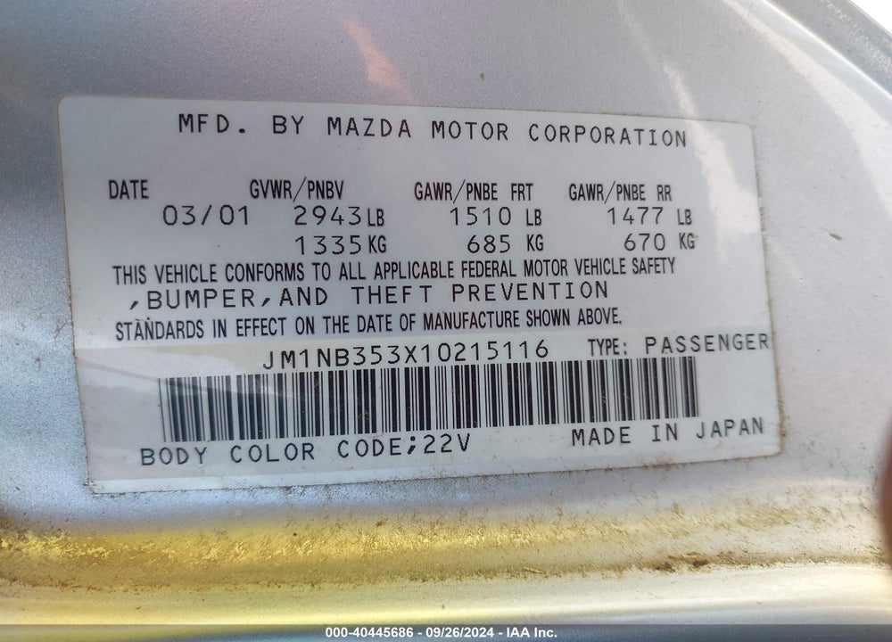 2001 MAZDA MX-5 MIATA LS/SPECIAL EDITION VIN: JM1NB353X10215116