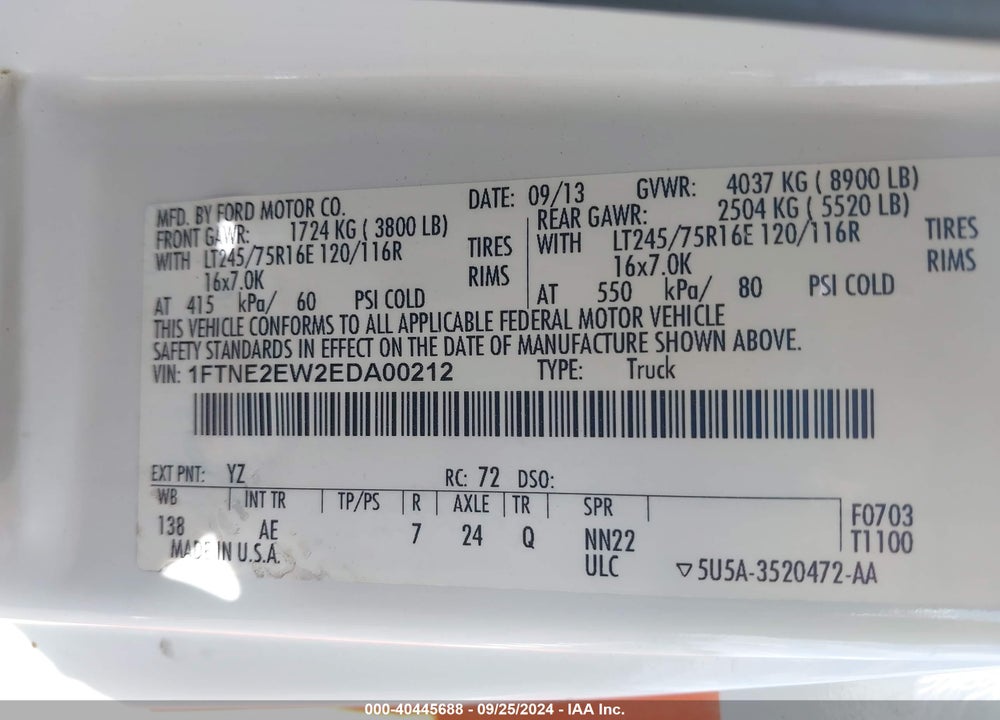 2014 FORD E-250 COMMERCIAL VIN: 1FTNE2EW2EDA00212