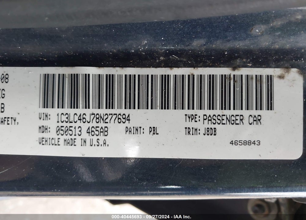 2008 CHRYSLER SEBRING LX VIN: 1C3LC46J78N277694