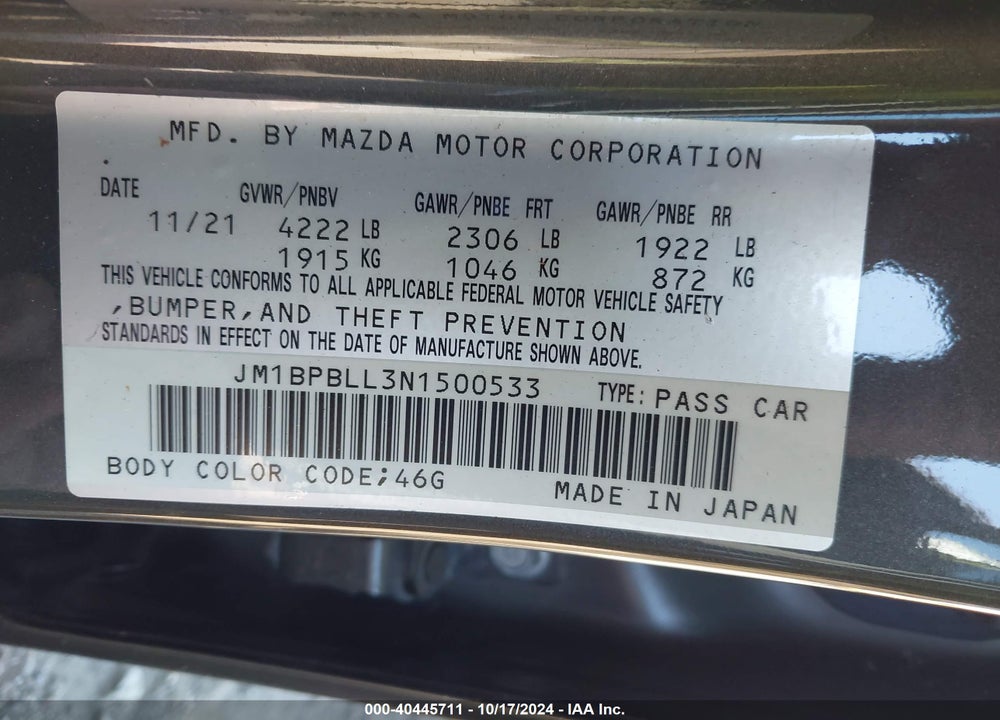 2022 MAZDA 3 PREFERRED VIN: JM1BPBLL3N1500533