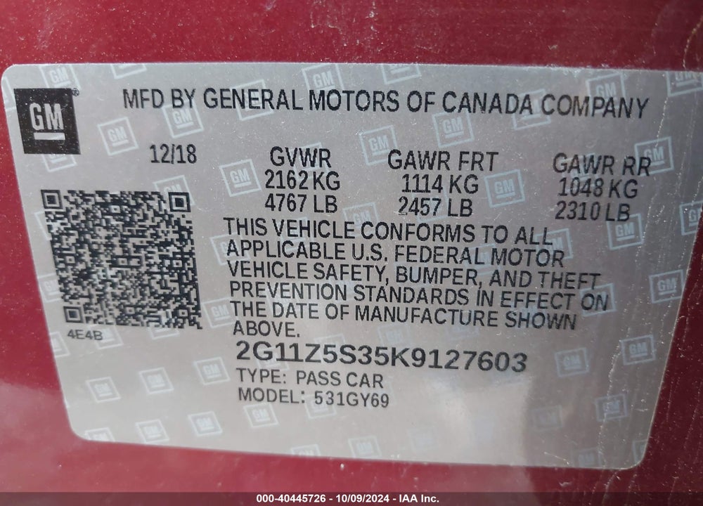 2019 CHEVROLET IMPALA LT VIN: 2G11Z5S35K9127603
