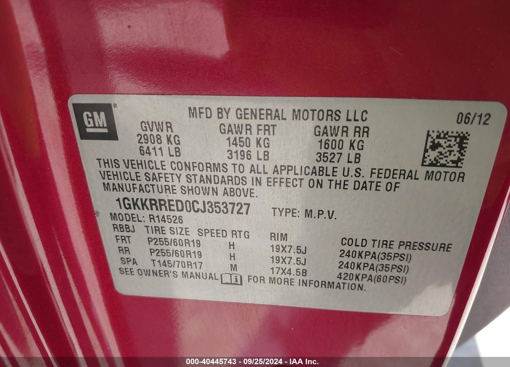 2012 GMC ACADIA SLT-1 VIN: 1GKKRRED0CJ353727