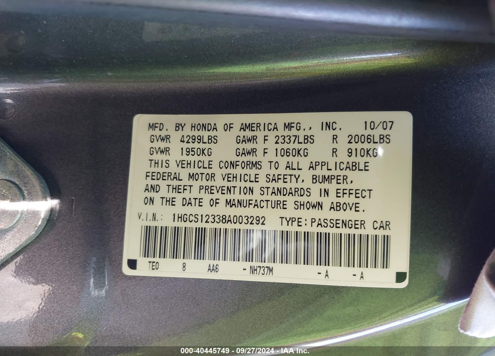 2008 HONDA ACCORD 2.4 LX-S VIN: 1HGCS12338A003292