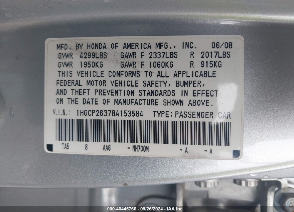 2008 HONDA ACCORD 2.4 LX VIN: 1HGCP26378A153584