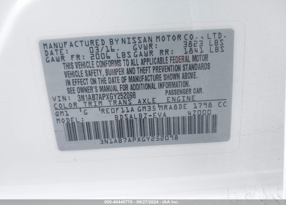 2016 NISSAN SENTRA S VIN: 3N1AB7APXGY252098