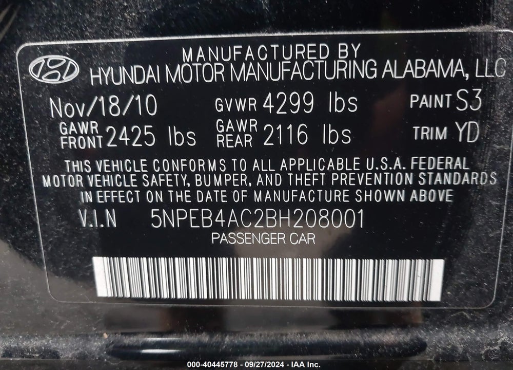 2011 HYUNDAI SONATA GLS VIN: 5NPEB4AC2BH208001