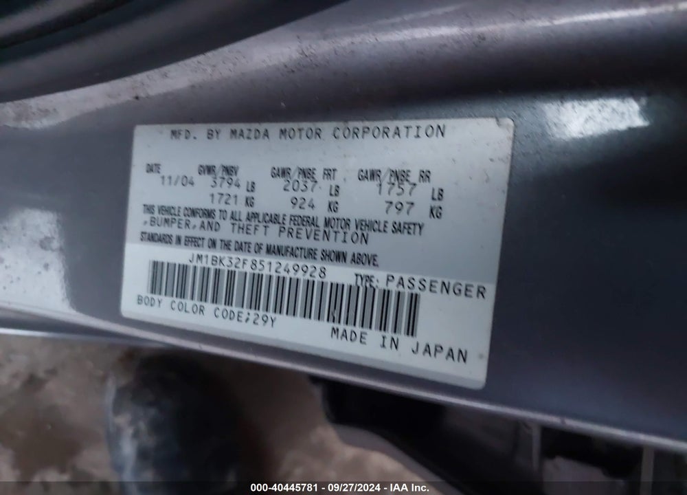 2005 MAZDA 3 I VIN: JM1BK32F851249928