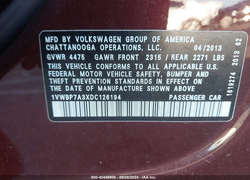 2013 VOLKSWAGEN PASSAT 2.5L SE VIN: 1VWBP7A3XDC126194