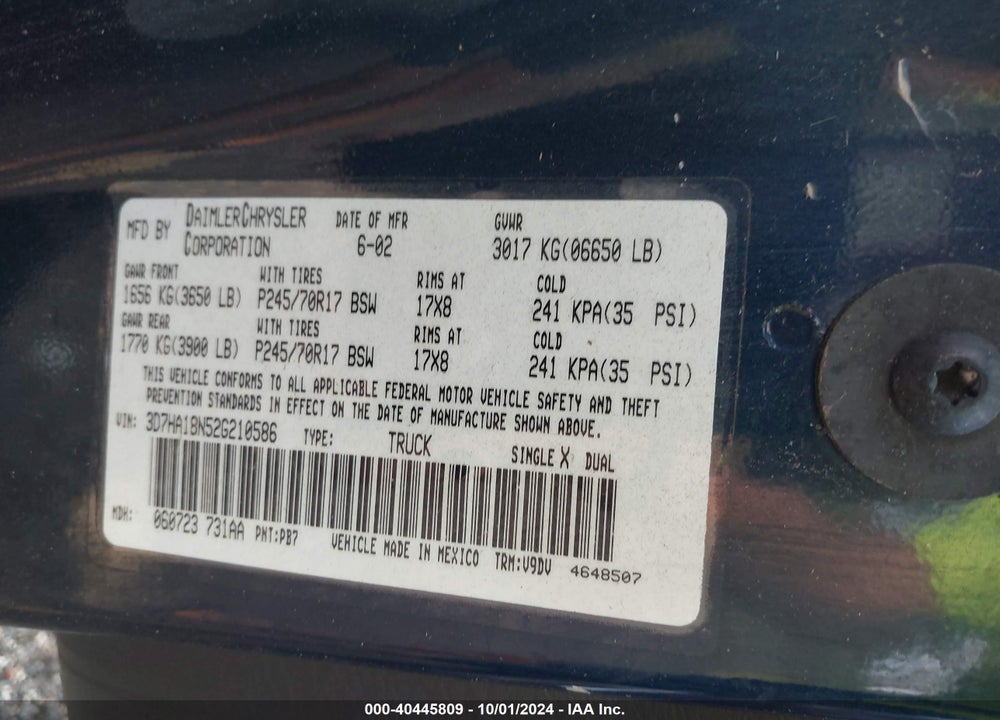2002 DODGE RAM 1500 ST VIN: 3D7HA18N52G210586