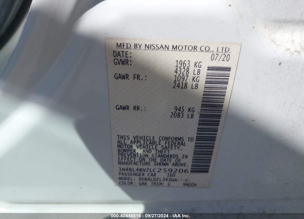 2020 NISSAN ALTIMA S FWD VIN: 1N4BL4BV7LC259206