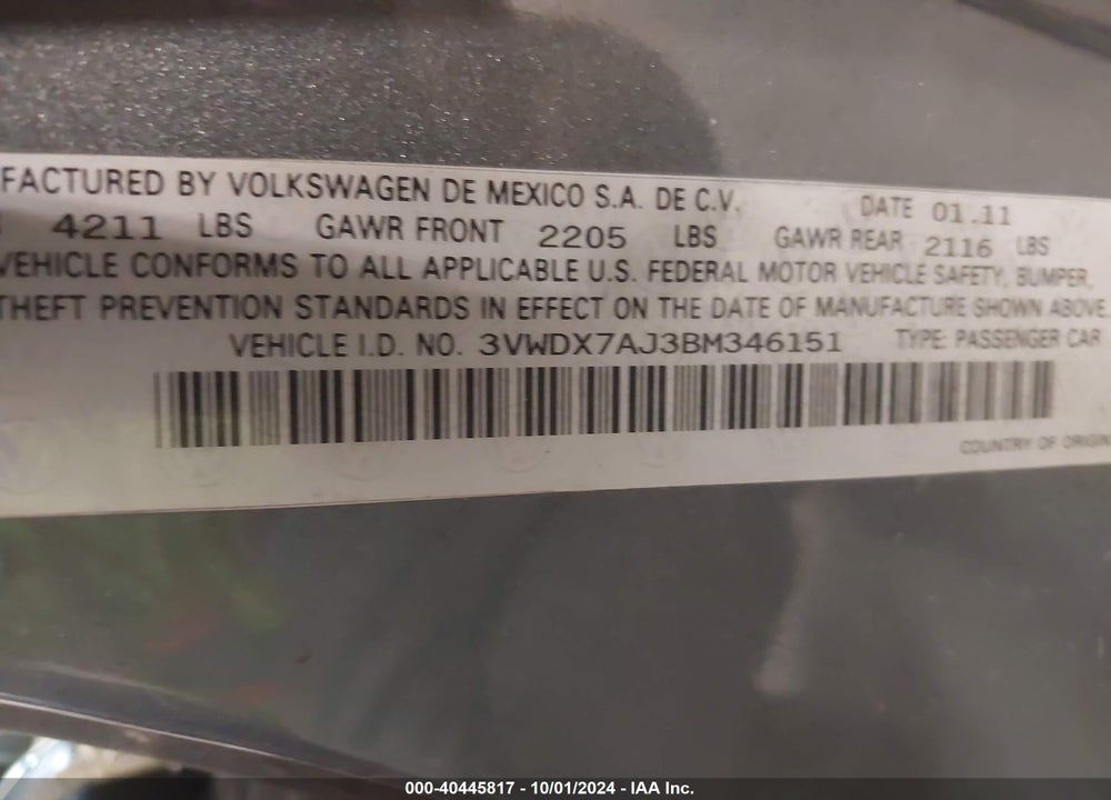 2011 VOLKSWAGEN JETTA 2.5L SE VIN: 3VWDX7AJ3BM346151
