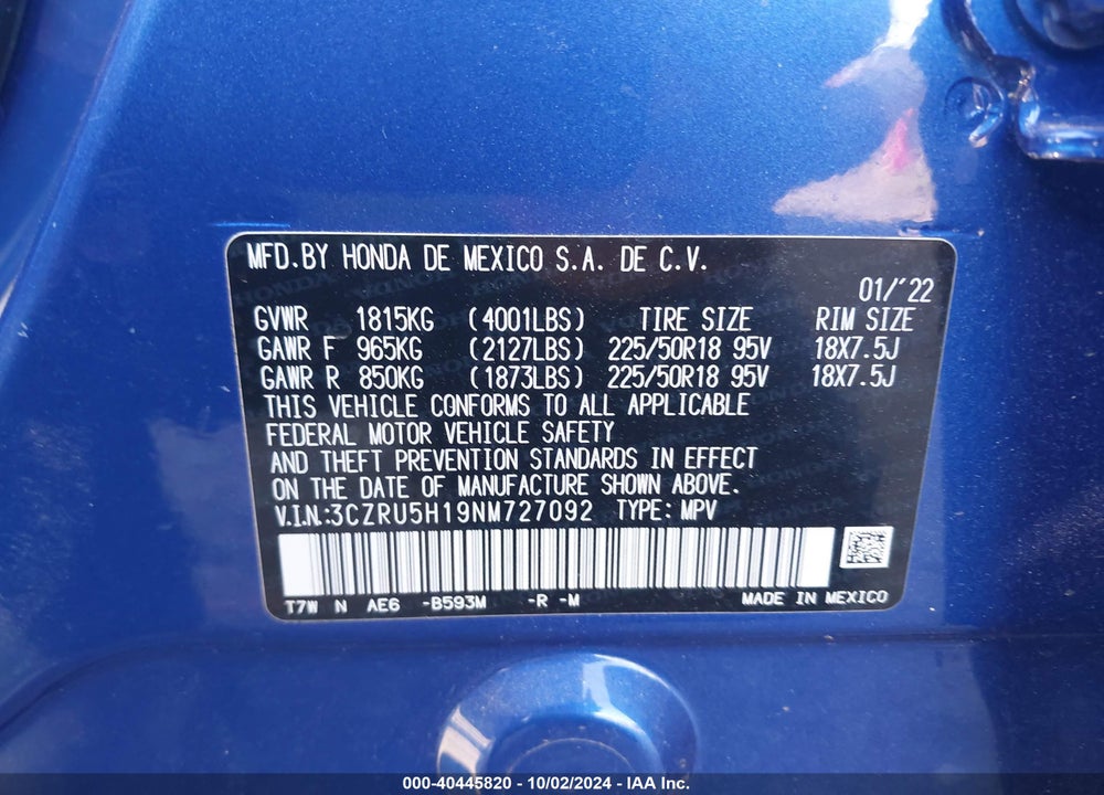2022 HONDA HR-V 2WD SPORT VIN: 3CZRU5H19NM727092