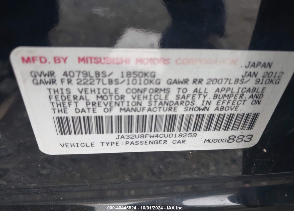 2012 MITSUBISHI LANCER GT VIN: JA32U8FW4CU018259