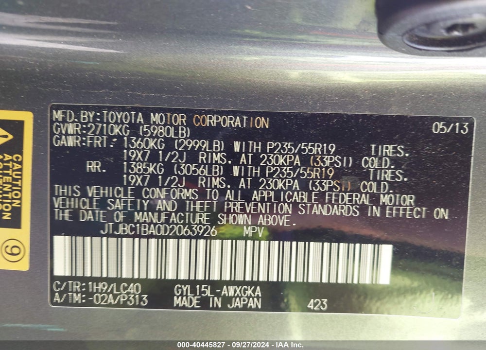 2013 LEXUS RX 450H VIN: JTJBC1BA0D2063926