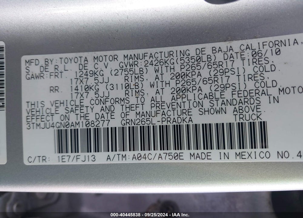 2010 TOYOTA TACOMA PRERUNNER V6 VIN: 3TMJU4GN0AM108277