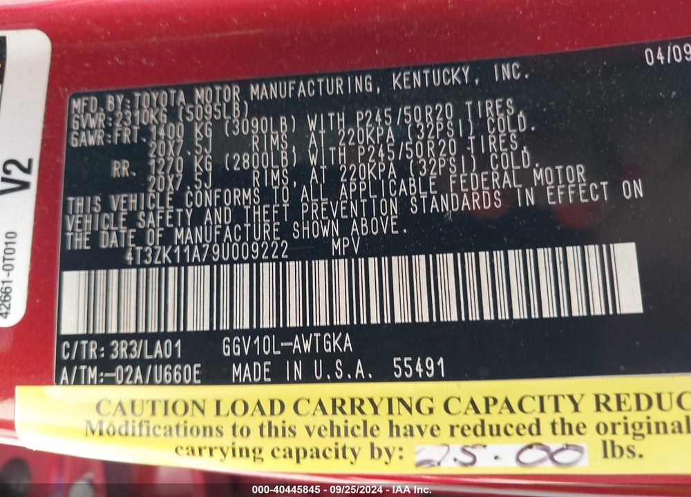 2009 TOYOTA VENZA BASE V6 VIN: 4T3ZK11A79U009222