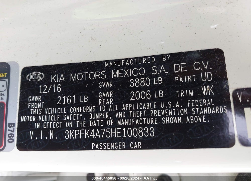 2017 KIA FORTE VIN: 3KPFK4A75HE100833
