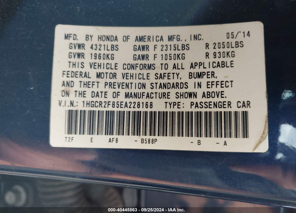 2014 HONDA ACCORD EX-L VIN: 1HGCR2F85EA228168