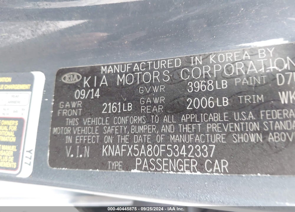 2015 KIA FORTE EX VIN: KNAFX5A80F5342337