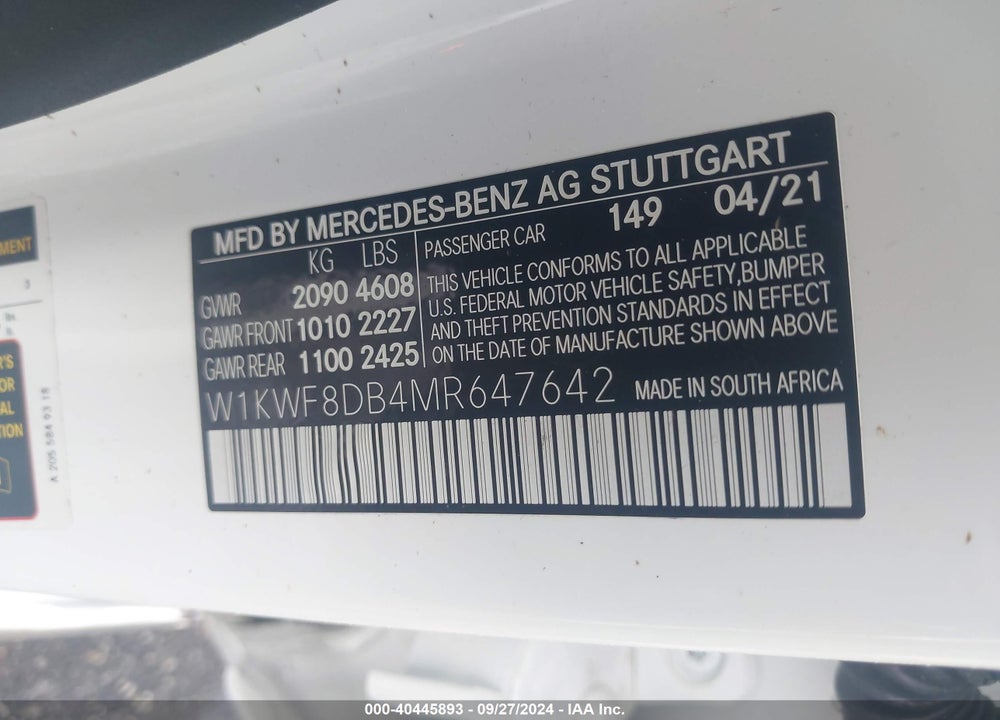 2021 MERCEDES-BENZ C 300 SEDAN VIN: W1KWF8DB4MR647642