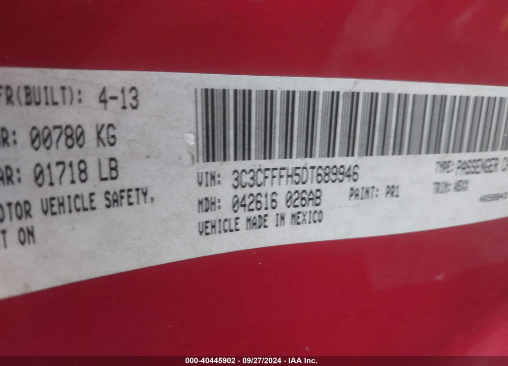 2013 FIAT 500 ABARTH VIN: 3C3CFFFH5DT689946