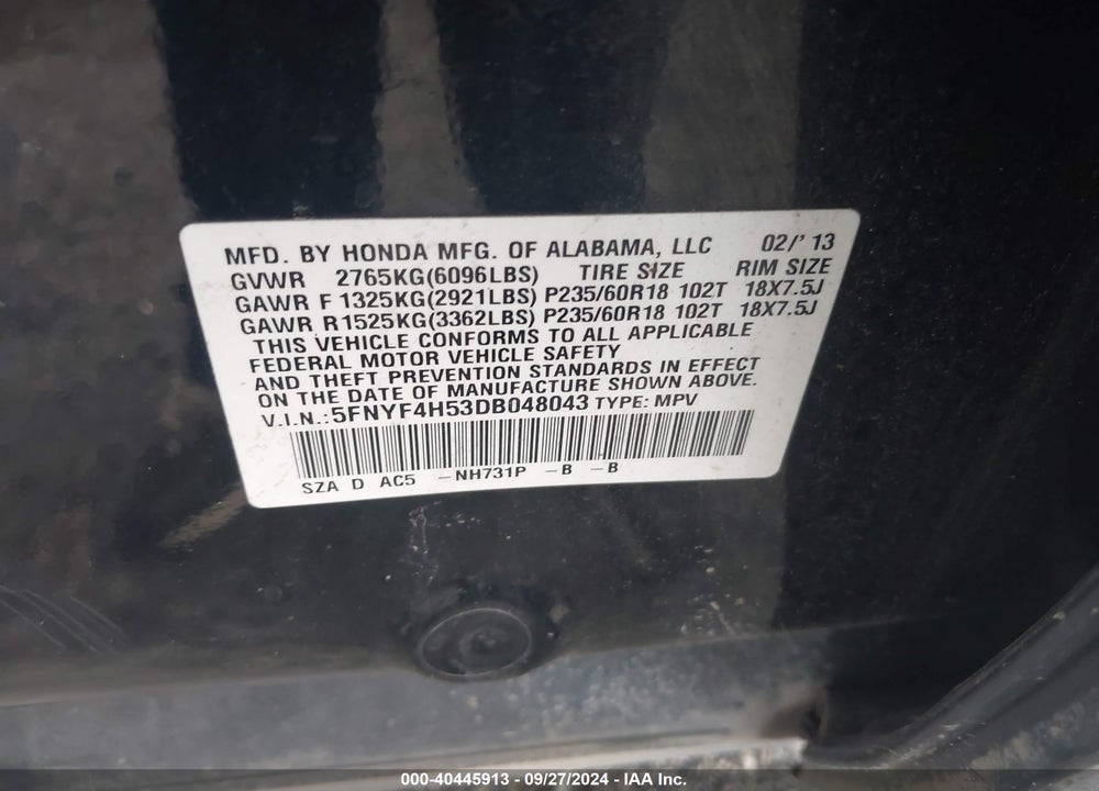 2013 HONDA PILOT EX-L VIN: 5FNYF4H53DB048043