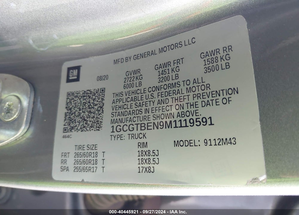 2021 CHEVROLET COLORADO VIN: 1GCGTBEN9M1119591