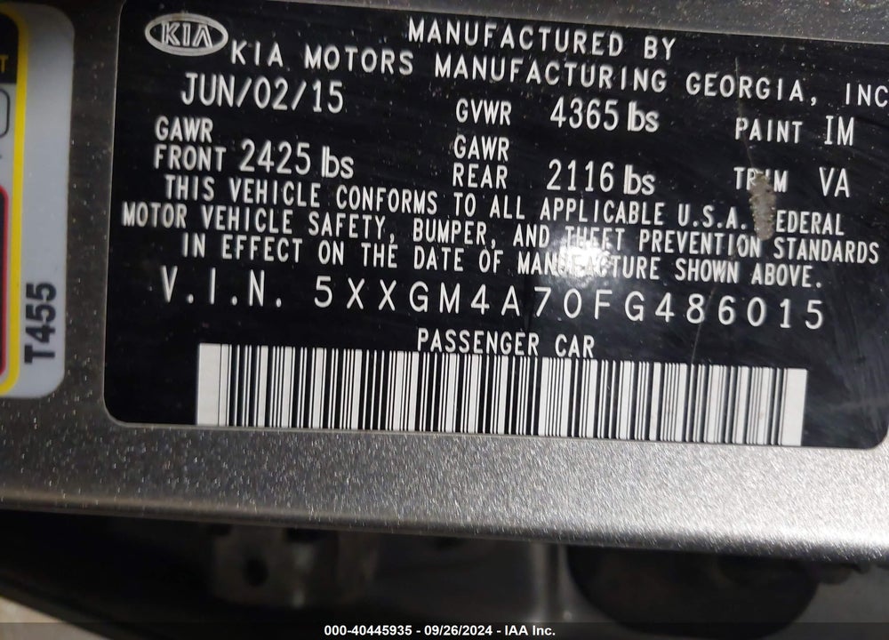 2015 KIA OPTIMA LX VIN: 5XXGM4A70FG486015