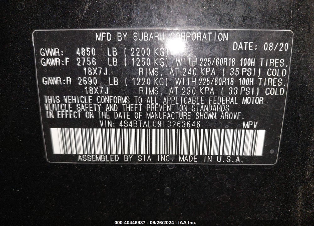 2020 SUBARU OUTBACK LIMITED VIN: 4S4BTALC9L3263646