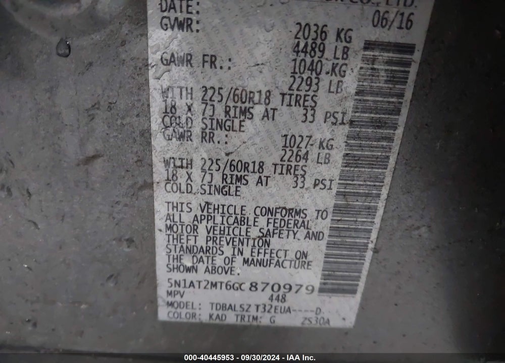 2016 NISSAN ROGUE SL VIN: 5N1AT2MT6GC870979