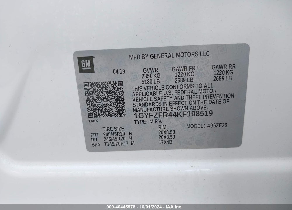 2019 CADILLAC XT4 SPORT VIN: 1GYFZFR44KF198519